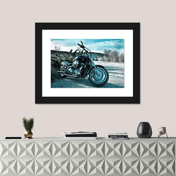 View Of Black Powerful Chopper In Nature Canvas Wall Art-1 Piece-Framed Print-20" x 16"-Tiaracle
