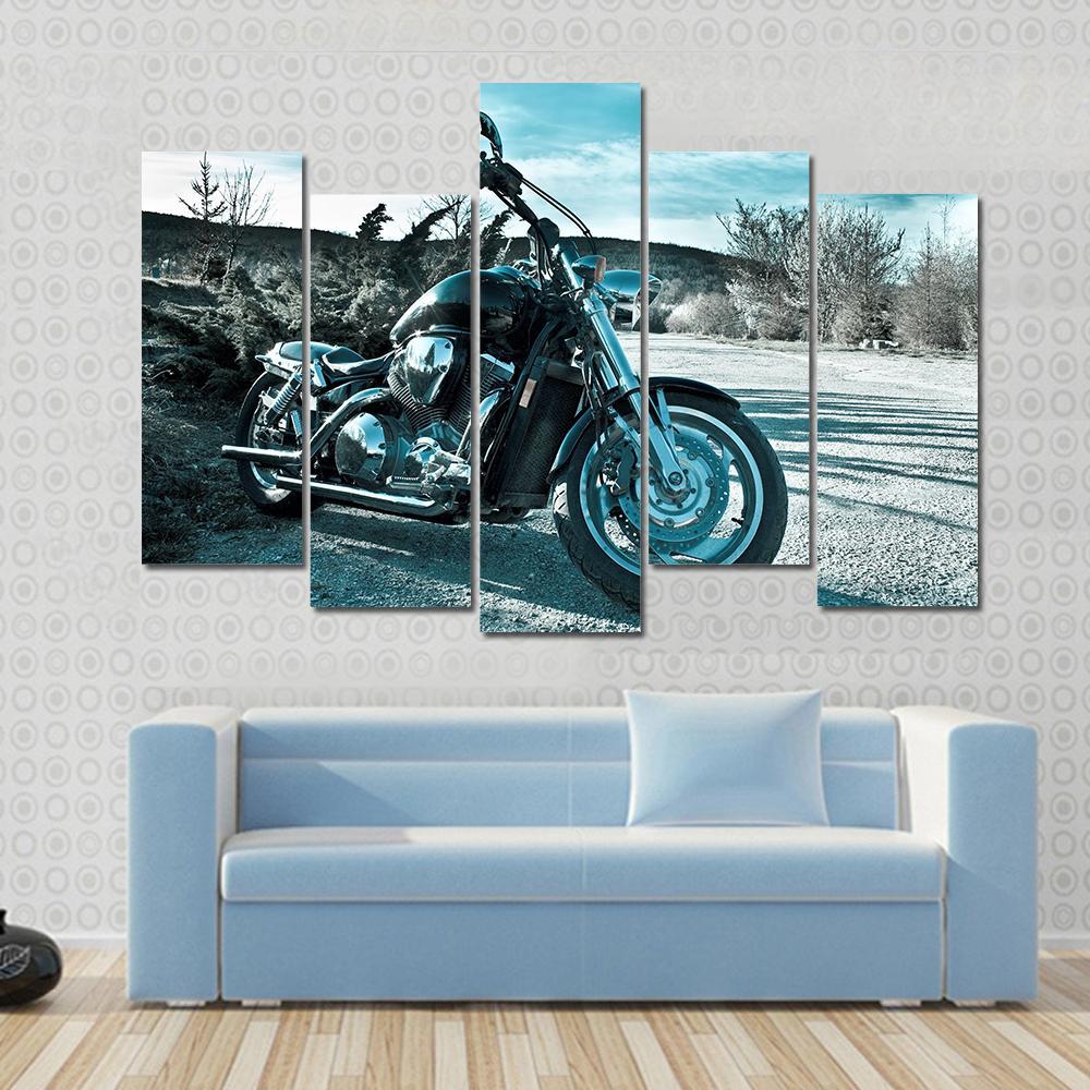 View Of Black Powerful Chopper In Nature Canvas Wall Art-1 Piece-Gallery Wrap-48" x 32"-Tiaracle