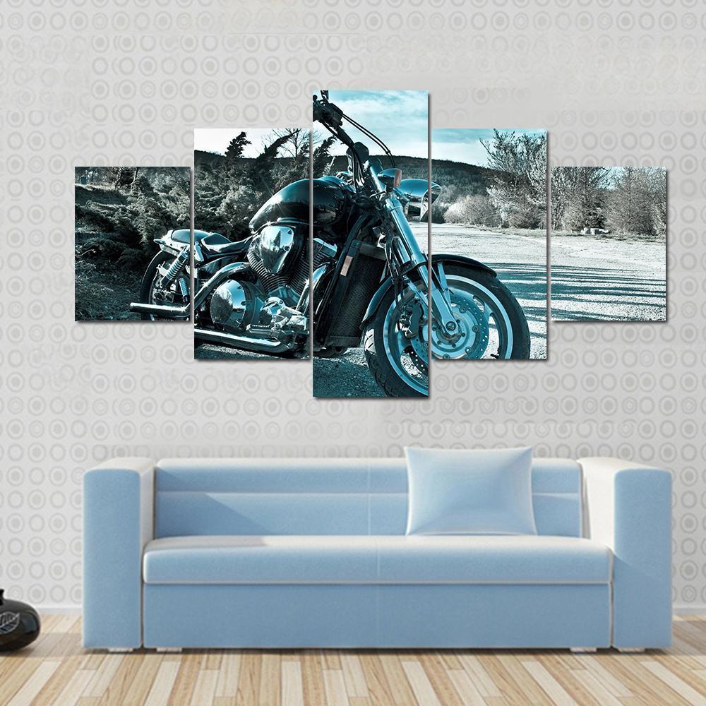 View Of Black Powerful Chopper In Nature Canvas Wall Art-5 Star-Gallery Wrap-62" x 32"-Tiaracle