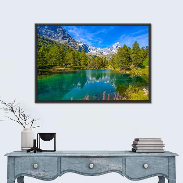 View Of Blue Lake And Cervino Mount Matterhorn Canvas Wall Art-1 Piece-Floating Frame-24" x 16"-Tiaracle