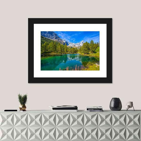 View Of Blue Lake And Cervino Mount Matterhorn Canvas Wall Art-1 Piece-Framed Print-20" x 16"-Tiaracle