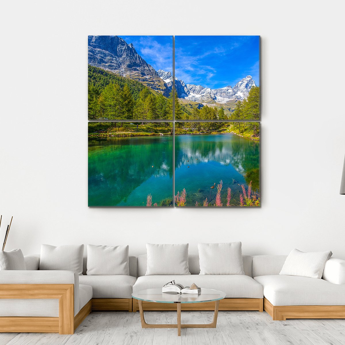 View Of Blue Lake And Cervino Mount Matterhorn Canvas Wall Art-4 Square-Gallery Wrap-17" x 17"-Tiaracle