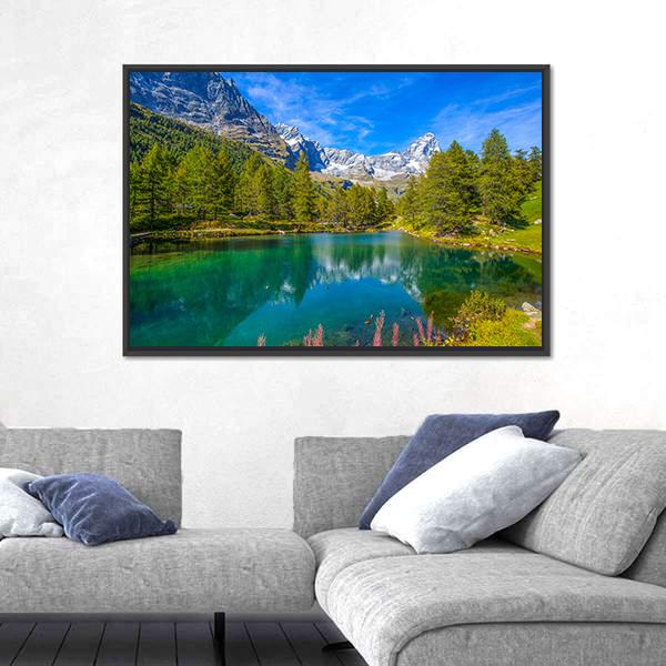View Of Blue Lake And Cervino Mount Matterhorn Canvas Wall Art-3 Horizontal-Gallery Wrap-25" x 16"-Tiaracle