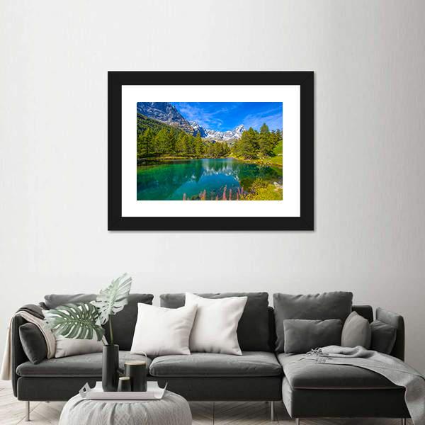 View Of Blue Lake And Cervino Mount Matterhorn Canvas Wall Art-5 Horizontal-Gallery Wrap-22" x 12"-Tiaracle
