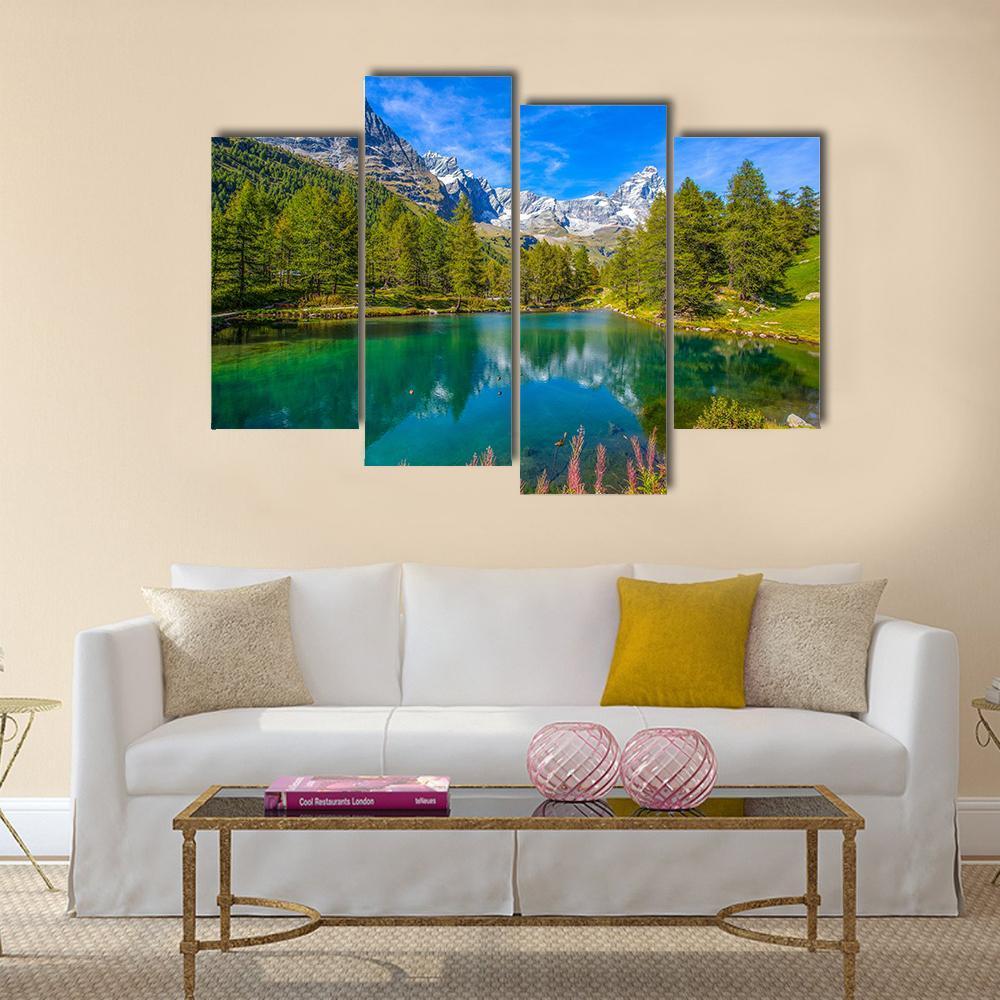 View Of Blue Lake And Cervino Mount Matterhorn Canvas Wall Art-4 Pop-Gallery Wrap-50" x 32"-Tiaracle