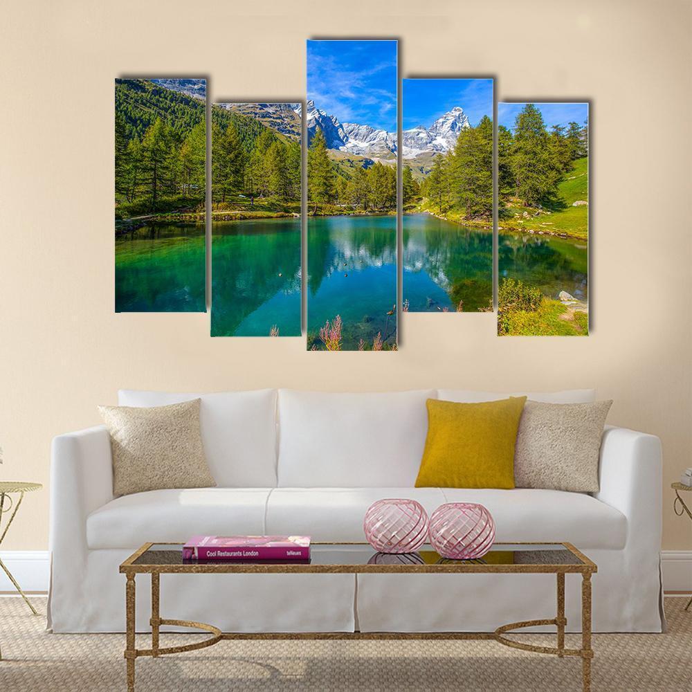 View Of Blue Lake And Cervino Mount Matterhorn Canvas Wall Art-5 Pop-Gallery Wrap-47" x 32"-Tiaracle