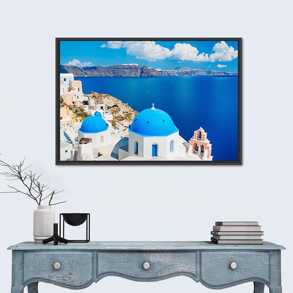 View Of Blue Ocean And Dome Church Canvas Wall Art-1 Piece-Floating Frame-24" x 16"-Tiaracle