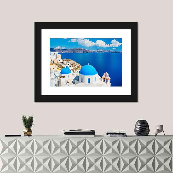 View Of Blue Ocean And Dome Church Canvas Wall Art-1 Piece-Framed Print-20" x 16"-Tiaracle