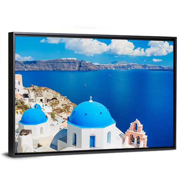 View Of Blue Ocean And Dome Church Canvas Wall Art-3 Horizontal-Gallery Wrap-25" x 16"-Tiaracle