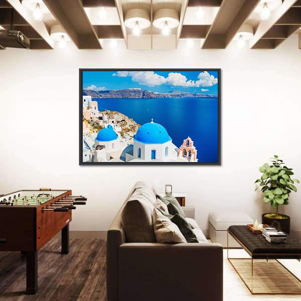 View Of Blue Ocean And Dome Church Canvas Wall Art-3 Horizontal-Gallery Wrap-25" x 16"-Tiaracle