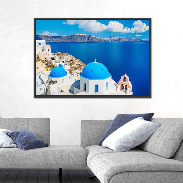 View Of Blue Ocean And Dome Church Canvas Wall Art-3 Horizontal-Gallery Wrap-25" x 16"-Tiaracle