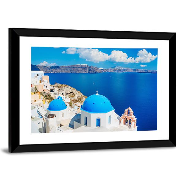 View Of Blue Ocean And Dome Church Canvas Wall Art-3 Horizontal-Gallery Wrap-25" x 16"-Tiaracle