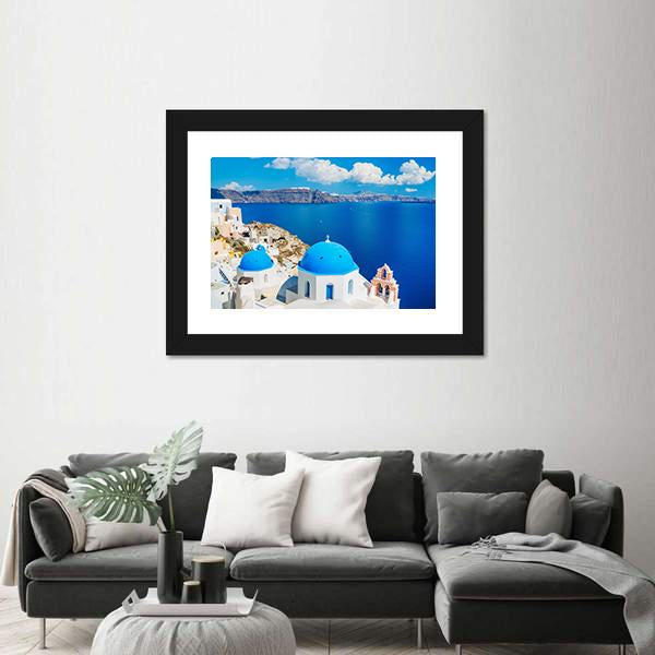 View Of Blue Ocean And Dome Church Canvas Wall Art-3 Horizontal-Gallery Wrap-25" x 16"-Tiaracle
