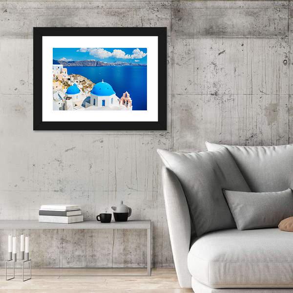 View Of Blue Ocean And Dome Church Canvas Wall Art-3 Horizontal-Gallery Wrap-25" x 16"-Tiaracle