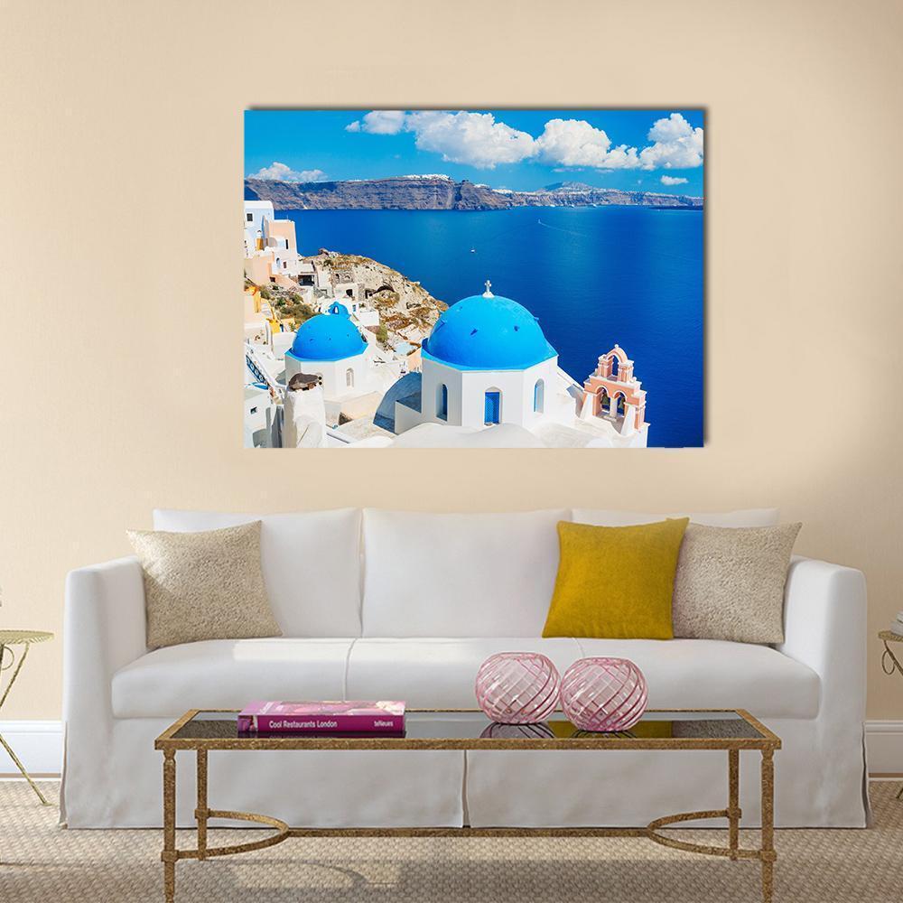 View Of Blue Ocean And Dome Church Canvas Wall Art-1 Piece-Gallery Wrap-48" x 32"-Tiaracle