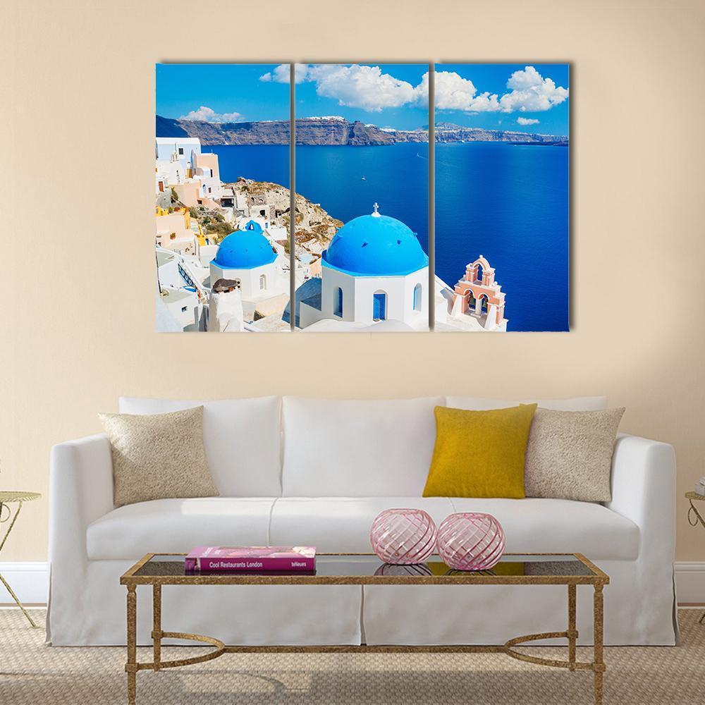 View Of Blue Ocean And Dome Church Canvas Wall Art-3 Horizontal-Gallery Wrap-37" x 24"-Tiaracle