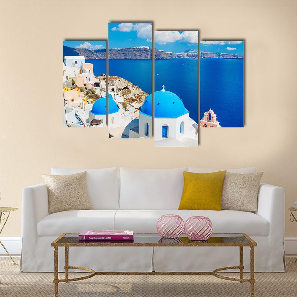 View Of Blue Ocean And Dome Church Canvas Wall Art-4 Pop-Gallery Wrap-50" x 32"-Tiaracle