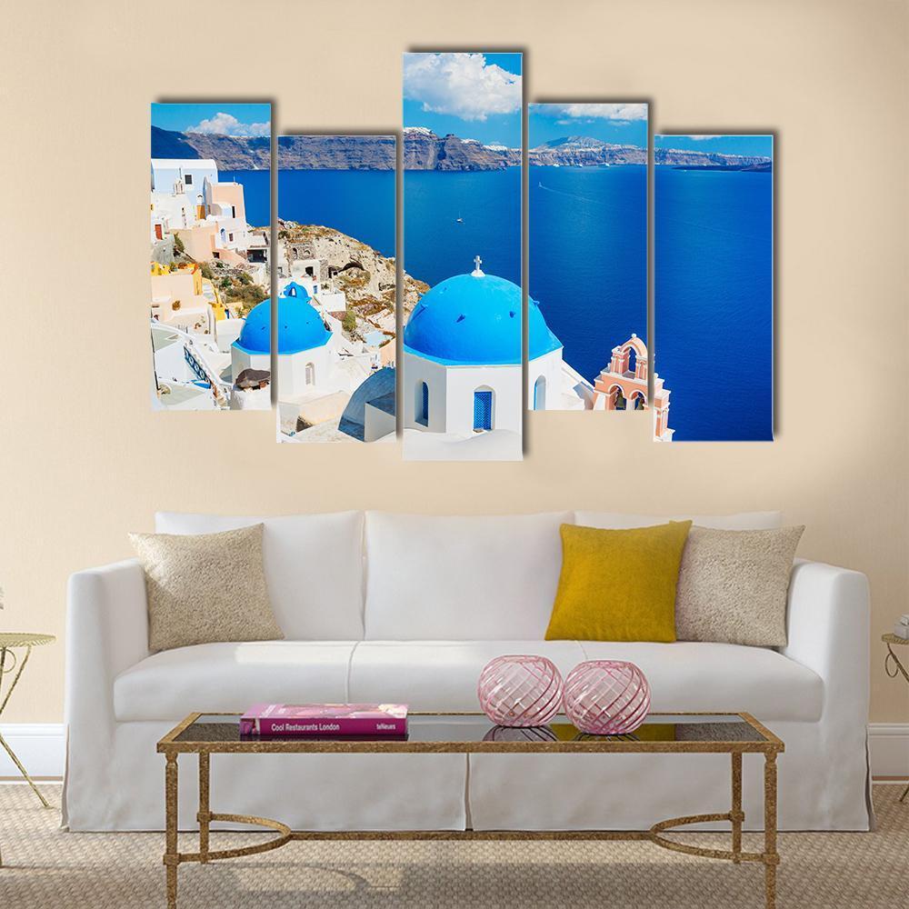 View Of Blue Ocean And Dome Church Canvas Wall Art-5 Pop-Gallery Wrap-47" x 32"-Tiaracle