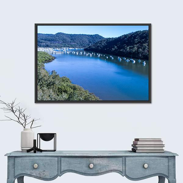 View Of Boats Moored On Hawkesbury River Canvas Wall Art-1 Piece-Floating Frame-24" x 16"-Tiaracle