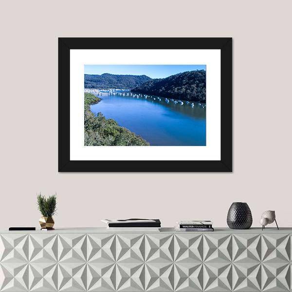 View Of Boats Moored On Hawkesbury River Canvas Wall Art-1 Piece-Framed Print-20" x 16"-Tiaracle