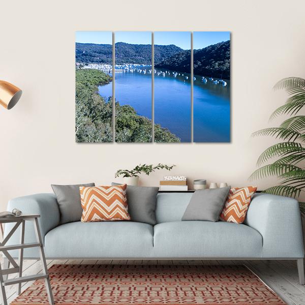 View Of Boats Moored On Hawkesbury River Canvas Wall Art-4 Horizontal-Gallery Wrap-34" x 24"-Tiaracle