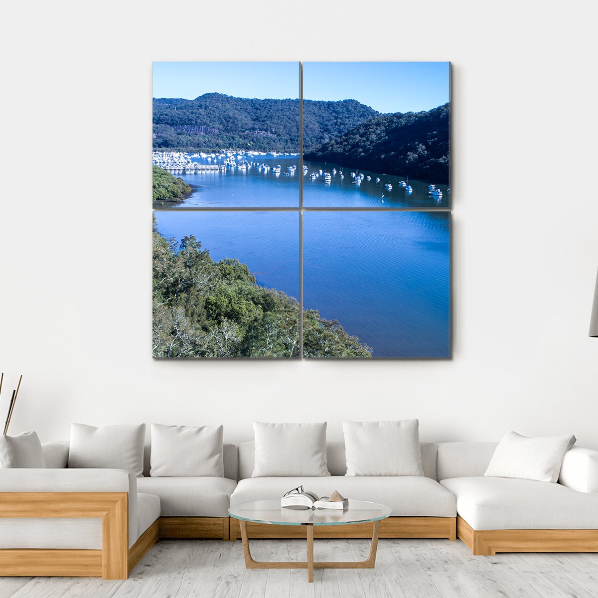 View Of Boats Moored On Hawkesbury River Canvas Wall Art-4 Square-Gallery Wrap-17" x 17"-Tiaracle