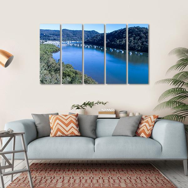 View Of Boats Moored On Hawkesbury River Canvas Wall Art-5 Horizontal-Gallery Wrap-22" x 12"-Tiaracle