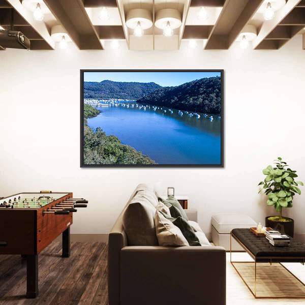 View Of Boats Moored On Hawkesbury River Canvas Wall Art-3 Horizontal-Gallery Wrap-25" x 16"-Tiaracle