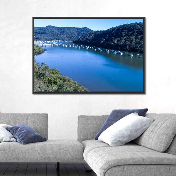 View Of Boats Moored On Hawkesbury River Canvas Wall Art-3 Horizontal-Gallery Wrap-25" x 16"-Tiaracle