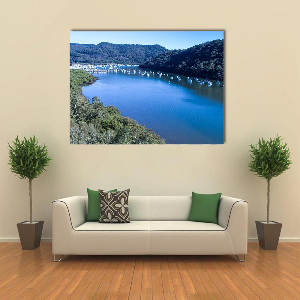View Of Boats Moored On Hawkesbury River Canvas Wall Art-1 Piece-Gallery Wrap-48" x 32"-Tiaracle