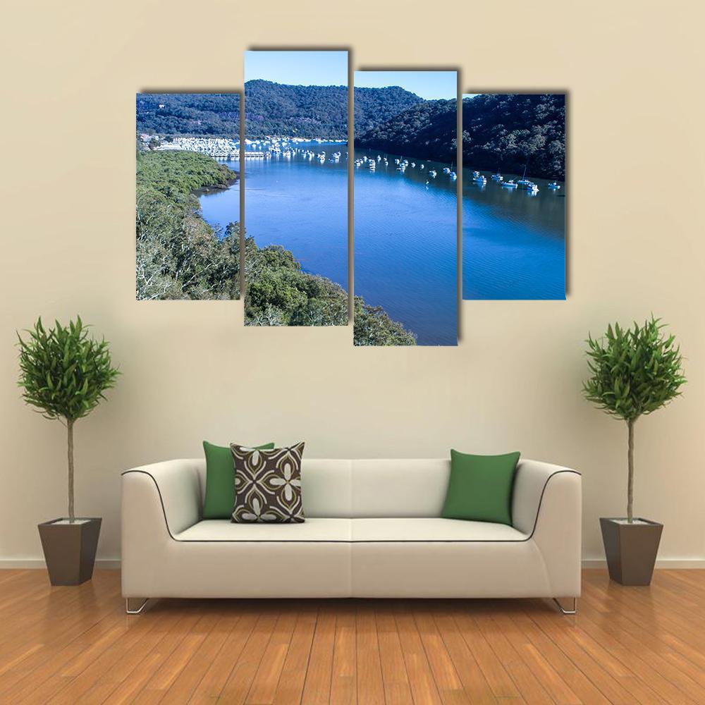 View Of Boats Moored On Hawkesbury River Canvas Wall Art-4 Pop-Gallery Wrap-50" x 32"-Tiaracle