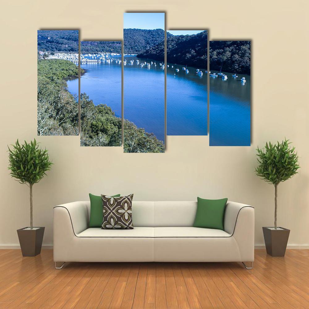 View Of Boats Moored On Hawkesbury River Canvas Wall Art-5 Pop-Gallery Wrap-47" x 32"-Tiaracle