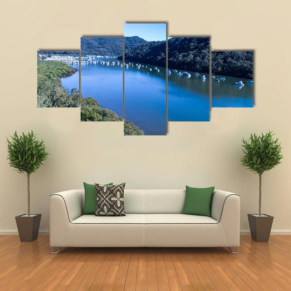 View Of Boats Moored On Hawkesbury River Canvas Wall Art-5 Star-Gallery Wrap-62" x 32"-Tiaracle