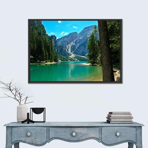 View Of Braies Lake And Croda Del Becco Canvas Wall Art-1 Piece-Floating Frame-24" x 16"-Tiaracle