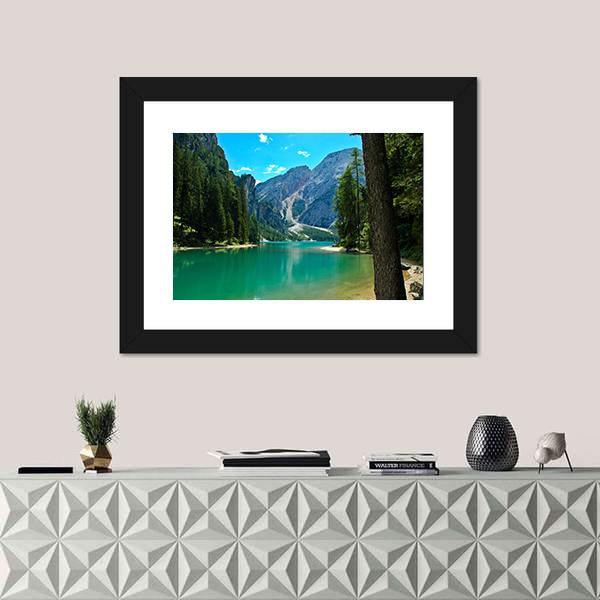 View Of Braies Lake And Croda Del Becco Canvas Wall Art-1 Piece-Framed Print-20" x 16"-Tiaracle