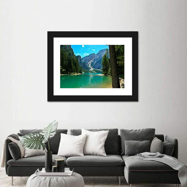 View Of Braies Lake And Croda Del Becco Canvas Wall Art-3 Horizontal-Gallery Wrap-25" x 16"-Tiaracle