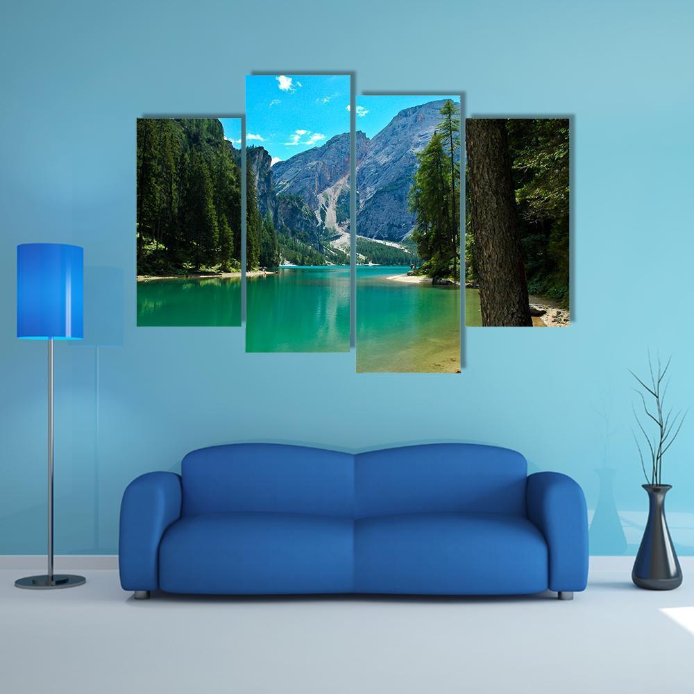 View Of Braies Lake And Croda Del Becco Canvas Wall Art-4 Pop-Gallery Wrap-50" x 32"-Tiaracle
