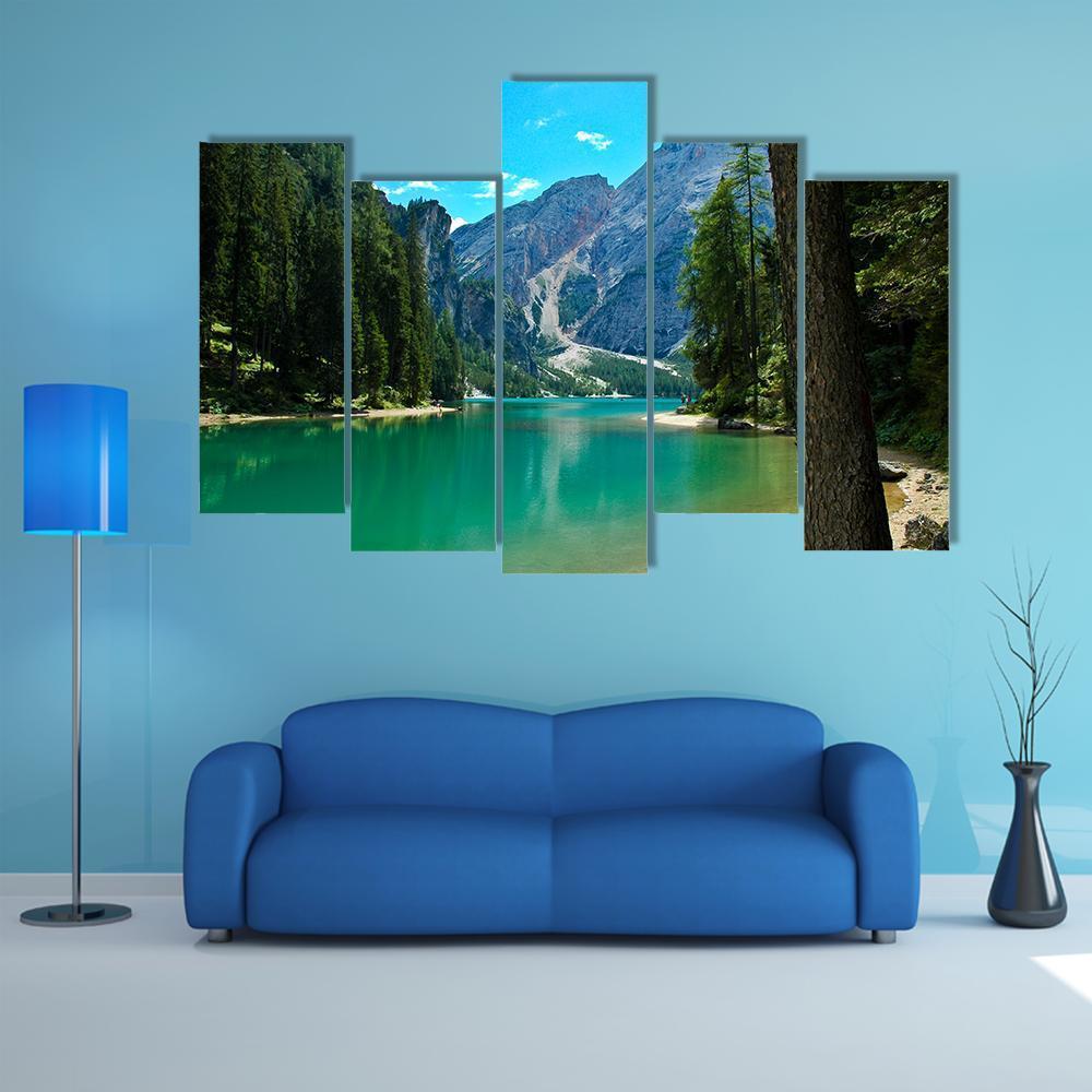 View Of Braies Lake And Croda Del Becco Canvas Wall Art-5 Pop-Gallery Wrap-47" x 32"-Tiaracle