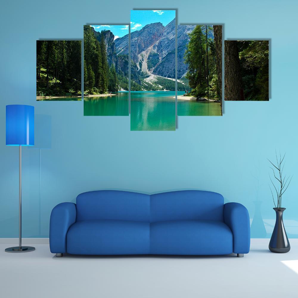 View Of Braies Lake And Croda Del Becco Canvas Wall Art-5 Star-Gallery Wrap-62" x 32"-Tiaracle