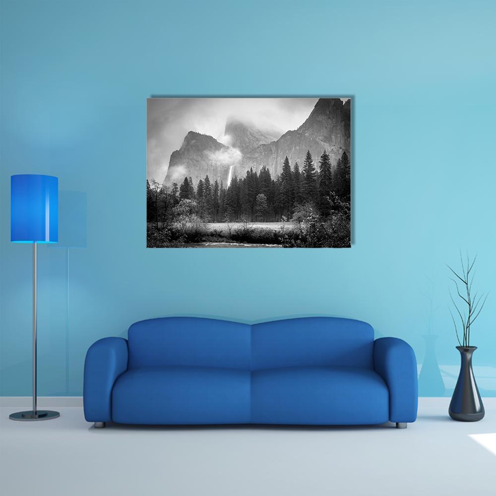 View of Bridalveil Falls Canvas Wall Art in black, white and gray, single panel hung on a wall
