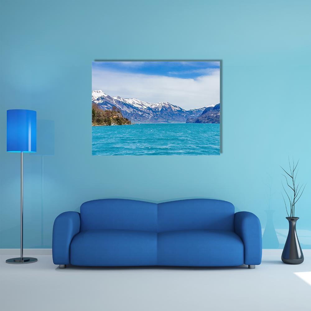 Brienz Village and Lake View Canvas Wall Art in white, gray and blue, single panel hung on a wall