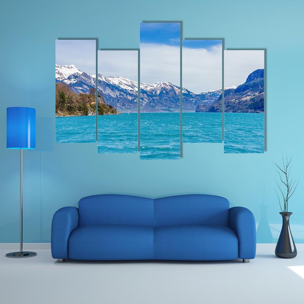 View Of Brienz Village And Lake Canvas Wall Art-5 Pop-Gallery Wrap-47" x 32"-Tiaracle
