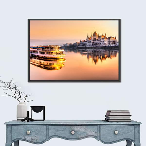 View Of Budapest Parliament At Sunrise Canvas Wall Art-1 Piece-Floating Frame-24" x 16"-Tiaracle