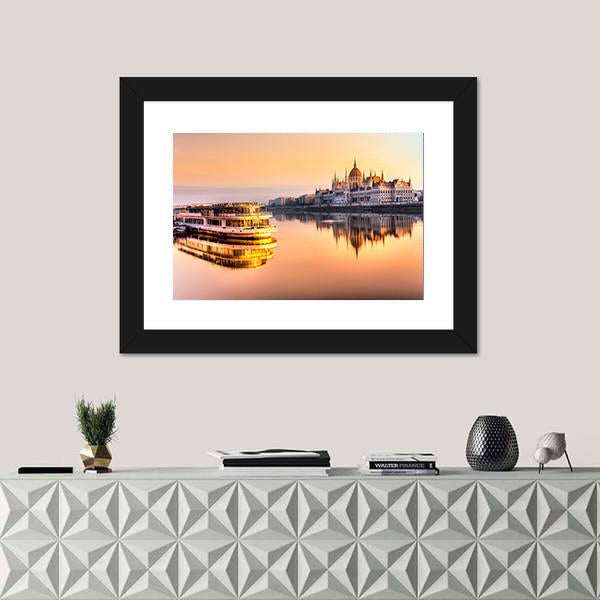 View Of Budapest Parliament At Sunrise Canvas Wall Art-1 Piece-Framed Print-20" x 16"-Tiaracle