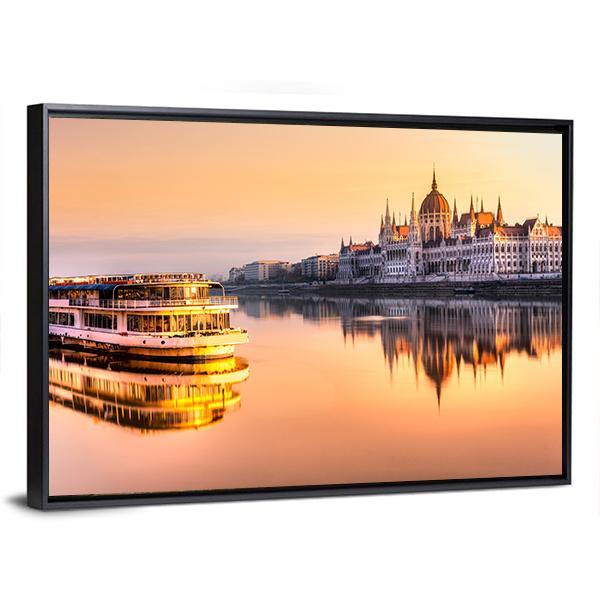 View Of Budapest Parliament At Sunrise Canvas Wall Art-3 Horizontal-Gallery Wrap-25" x 16"-Tiaracle