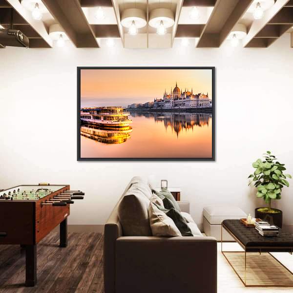 View Of Budapest Parliament At Sunrise Canvas Wall Art-3 Horizontal-Gallery Wrap-25" x 16"-Tiaracle