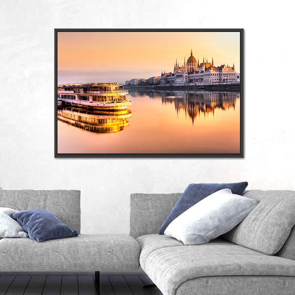 View Of Budapest Parliament At Sunrise Canvas Wall Art-3 Horizontal-Gallery Wrap-25" x 16"-Tiaracle
