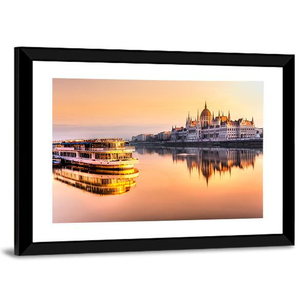 View Of Budapest Parliament At Sunrise Canvas Wall Art-3 Horizontal-Gallery Wrap-25" x 16"-Tiaracle