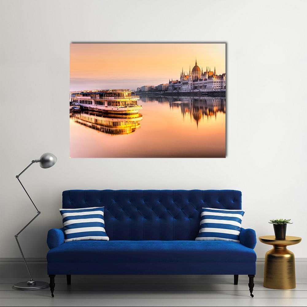 View Of Budapest Parliament At Sunrise Canvas Wall Art-1 Piece-Gallery Wrap-48" x 32"-Tiaracle