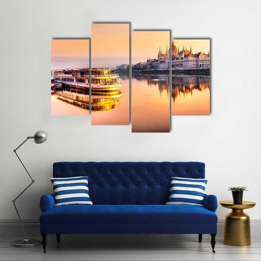 View Of Budapest Parliament At Sunrise Canvas Wall Art-4 Pop-Gallery Wrap-50" x 32"-Tiaracle